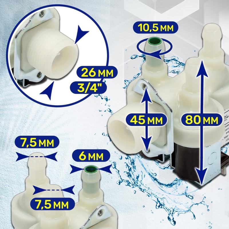 Valve on inlet for washing machine with 3 outlets 90°