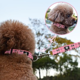 NESTROAD Dog Collar and Leash Set,Durable Leather Pet Collar with Quick Release Buckle,Adjustable Nylon Dog Collars for Small Medium Large Dogs(Small Collar + 5FT Leash,Cherecked Pink)