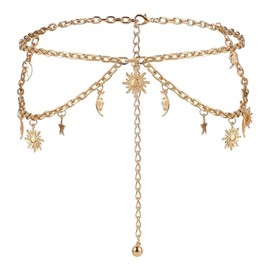 SSKHE Women Chain Metal Belt, Double Layer Sun Moon Star Adjustable Multi Layer Waist Chain Metal Body Link Breast Chain for Pants,Dress,Coat (Gold)