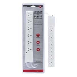 Power Strip Surge Protector, 6-Outlet Outlet Powerboard, Flat Plug with 1 Meter Cable, Overload Surge Protection, Wall Mount for Home Office, SAA Approved AU (6 Outlets)