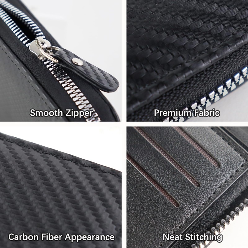 AfitLulu Men's Wallet with Zipper, Carbon Leather Bifold Wallets For