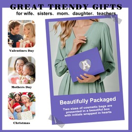 Fohufo Travel Makeup Bag Set - Travel Essentials, Initial Make up Cosmetic Bag Makeup Pouch Travel Toiletry Bag | Cute Blue Stuff Birthday Gifts for Women Mom Daughter (Blue Letter A)