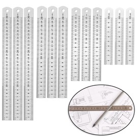 Xmart Pack of 12 Metal Stainless Steel Rulers 10 cm / Ruler 15 cm / Ruler 20 cm / Ruler 30 cm Metal Ruler with Double-Sided Scale Suitable for Students Architects Teachers Offices Drawings