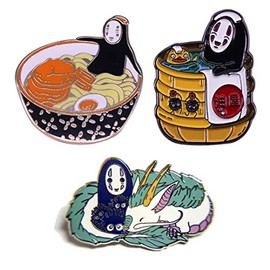 OYSTERBOY Japanese Anime No Face Faceless Kanonashi Soot Sprites Enamel Pin Fashion Accessory for Lapels Denim Jacket Hat Bag Dress Shirt Backpack Clothing Gift Cosplay Costume (No Face Ramen Onsen 3P), Zinc, no gemstone