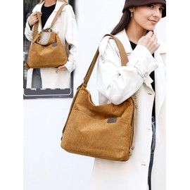 RUNSOON Corduroy Tote Bag Convertible Backpack Purse for Women Versatile Hobo Bags Shoulder Handbags for College Work Travel, Brown