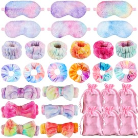 YXSJAS 30Pcs Spa Sleepover Party Supplies for Girl Pajama Party Favor with Rainbow Plush Eye Mask Diamond Velvet Scrunchie Bow Skincare Headband Gradient Wristband Pink Makeup Bag for Women Travel Nap
