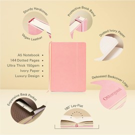 Ottergami Dotted Notebook A5 Hardback - The Pro Bullet Dot Journal - 144 Pages, Thick 150gsm Paper Note Book - Luxury Vegan Leather Journals for Women & Men - Work & University Essentials (Pink)
