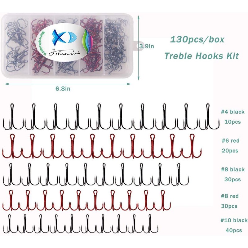 JSHANMEI 130pcs Fishing Treble Hooks Kit High Carbon Steel Strong
