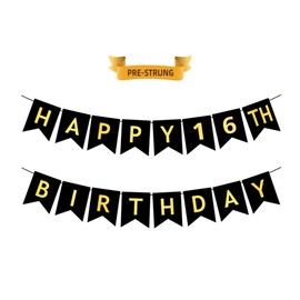 HAPPY 16TH BIRTHDAY Banner, Pre-Strung, Black Gold 16th Birthday Party Decorations, Happy 16 Year Old Bdy Party Banner, Sixteen Birthday Banner