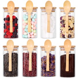 LEAVES AND TREES Y Set of 8 Glass Jars with Bamboo Lids and Spoons, 10 OZ Airtight Small Glass Tea Containers for Loose Tea, Coffee and Sugar Glass Container for Yogurt Jars with Lids