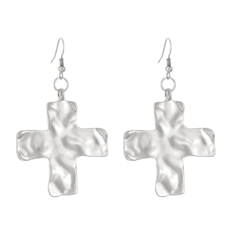 Chunky Gold Big Hammered Cross Drop Dangle Earrings for Women