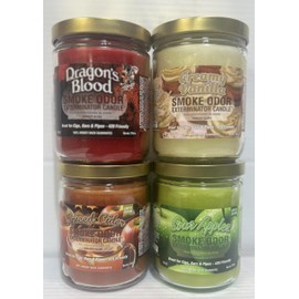 Smoke Odor Exterminator 13oz Jar Candle, Dragons Blood 4 Pack. Includes Dragons Blood, Spiced Cider, Sour Applez & Creamy Vanilla.