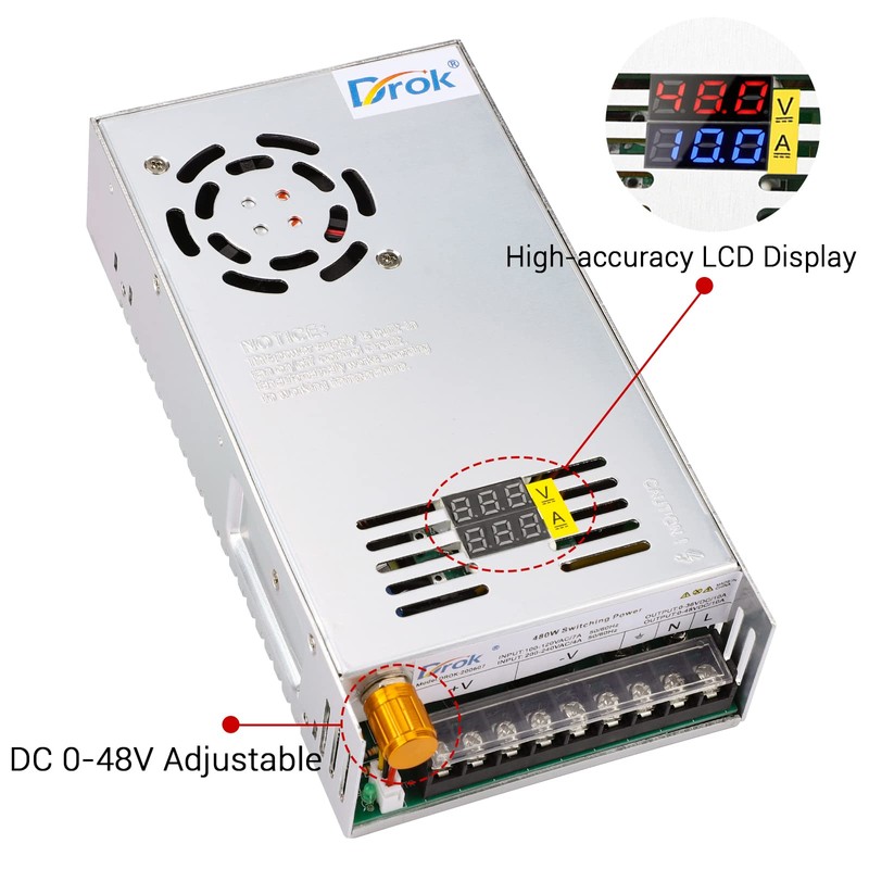 DROK 48V Power Supply, AC 110V/220V to DC 0-48V 10A
