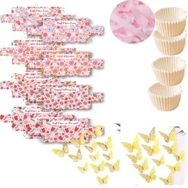 Funnymoom 24 Sets Mother's Day Chocolate Strawberries Cookie Boxes with Clear Window 200 Pcs Paper Food Trays 8 Bags Raffia Grass 48 Butterfly Bakery Macaron Boxes Tray Gifts 12 x 2.2 x 2 Inches