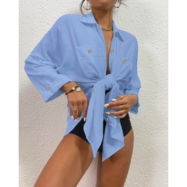 Bsubseach Womens Modern Swimsuit Cover Up Blouse Button Down Shirt Dresses Tops Sky Blue