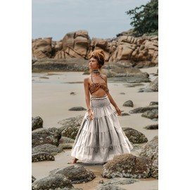 Thaluta Maxi Boho Skirt Long Pockets Cotton Hippie Bohemian Elastic Waist Gypsy Skirt (Ivory)