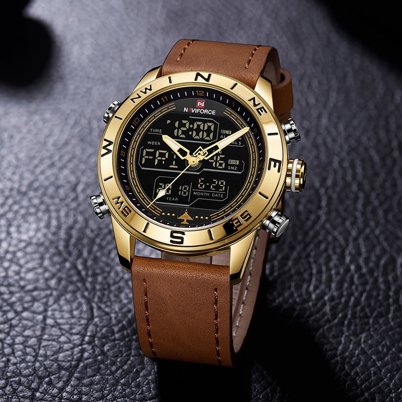 NAVIFORCE Male PU Band Quartz Electronic Watch Waterproof Sports Wristwatch(Gold)