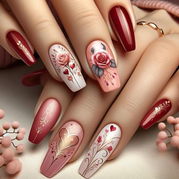 24Pcs Valentines Press on Nails Rose Heart Fake Nails Medium