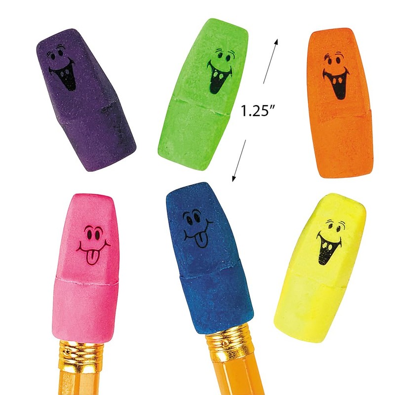Bright Neon Funny Face Pencil Top Erasers - 1.25" (Pack