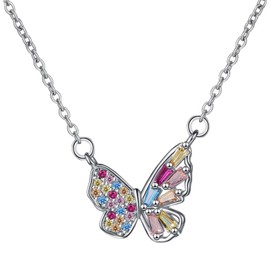 Colourful Zircon Butterfly Necklace, Rainbow Butterfly Choker Necklace, Colourful Chains, Fashion Jewellery, Gifts for Women, Girlfriend, Stainless Steel, Abalone