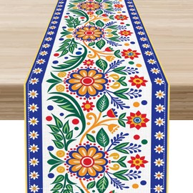 Camino de mesa mexicano, floral colorido fiesta Cinco de Mayo Dia De Los Muertos Día de los Muertos, bufanda rústica de mesa de comedor para cocina, sala de estar, decoración del hogar, fiesta, 13 x