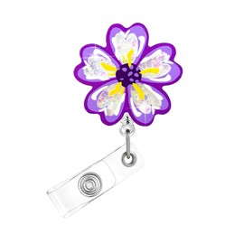 Purple Flower Badge Reel,Fun Acrylic Badge for ID Card,Cute Telescoping Retractable Badge Holder Alligator Clip Accessories for Nurse,Medical Worker,Nursing Student,Teacher