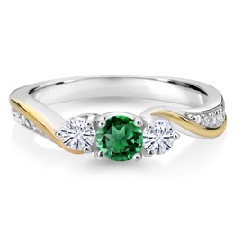 Gem Stone King 925 Silver and 10K Yellow Gold Green Nano Emerald White Moissanite and White Lab Grown Diamond 3 Stone Engagement Ring For Women (0.53 Cttw, May Birthstone, Size 7)