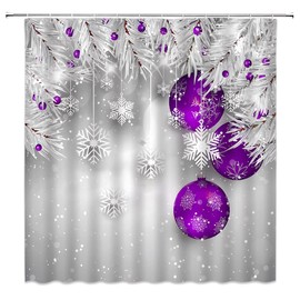 Merry Christmas Shower Curtain Purple Xmas Ball Silver Gray Pine Tree Twig Berry Winter Holiday Festival Bathroom Decor Fabric Curtain with Hooks