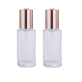 2Pcs 30ml/1oz Empty Refillable Clear Glass Lotion Pump Bottles with Rose Gold Cap Liquid Dispenser Press Container Sample Vials Potable Makeup Jar for Foundation Essential Oil