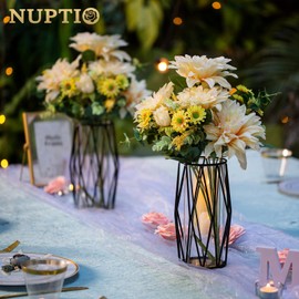 Nuptio Portavelas de vidrio para velas de pilar, portavelas de pilar negro, soporte geométrico de metal para velas de huracán, jarrón de flores para oficina, comedor, sala de estar, bar, cafetería