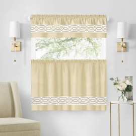 Achim Paige Tier and Valance Window Curtain Set - 55 Width, 24 Length, 1.5 Inch Rod Pocket - Tan - Soft Light Filtering Fabric with Geometric Embroidered Pattern & Machine Washable Home Décor