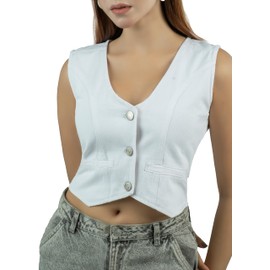 MelloShe Women’s Cropped Denim Vest – Sleeveless V Neck Jean Jacket Top, Button Down Fitted Waistcoat, Y2K Vintage Style (US, Alpha, Medium, Regular, Regular, White Denim)