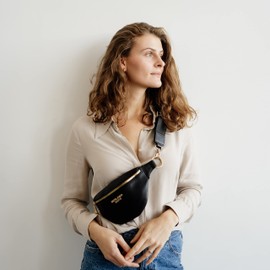 Berliner Bags Premium Bauchtasche Mona Fanny Pack aus Leder Umhängetasche Damen Herren (Schwarz/Gold)