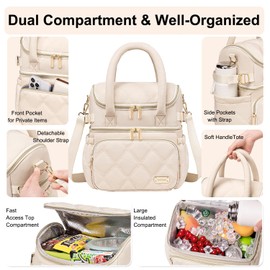 Weitars Lunch Bag for Women Men,Double Deck Lunch Box for Women,Quilted Lunch Tote for Work,Insulated Lunch Cooler Leakproof Lunchbox for Adult with Shoulder Strap &Pockets for Picnic Hiking (Beige)