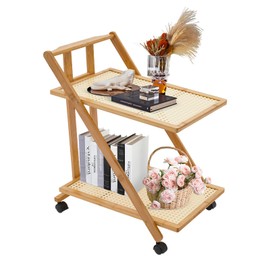 Fichiouy Foldable 2 Tier Utility Cart Service Cart Storage Shelf, Floor Storage Rack on Wheels for Living Room, Bedroom, Kitchen (Wood Color B)