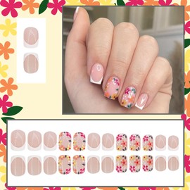24 Pcs Spring French Nude Press on Nails Short Square - YIHONGYAN Acrylic Nail Art Kit Fake Nails Press ons Nail Tips Stick on Nail Glue on Nails Full Cover Colorful Flowers False Nails for Women