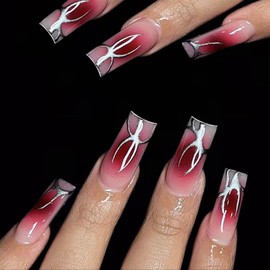 Long Press on Nails Square Fake Nails Red Gradient False Nails Flame design Glossy Glue on Nails Full Cover Acrylic Stick on Nails Reusable Nude Artificial Nails for Women Girls Manicure 24Pcs