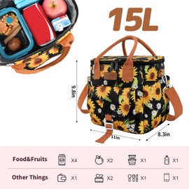 Joymee Insulated Lunch Bag for Women/Men, Waterproof Lunch Box for Office Work Picnic Beach, Reusable Large Leakproof Cooler Tote Bag with Adjustable Shoulder Strap & Side Pocket, Sunflower