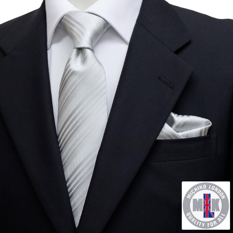 MICHIKO LONDON ALF-01 Tmichi-014 Necktie, Wedding, Silver, Striped, Silk, Formal