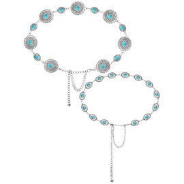 Epakh Turquoise Chain Belt Western Concho Belts for Women Silver Oval Belt Adjustable Metal Waist Belts for Dresses, One Size(Classic Style, 2 Pieces)