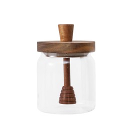 400ml 13.5 OZ Glass Honey Jar with Acacia Wood Lid and Dipper Airtight Honeypot Coffee Syrup Dispenser Round Honey Storage Container Kitchen Dining Gifts for Her Bar Accessories