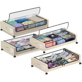 LESHZHEN Under Bed Storage with Wheels,4 Pack Under Bed Storage Containers with Dividers & Clear Lids,65L Under the bed storage Organizer Bins, Underbed Storage with Wheels for Clothes (White)