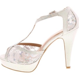 TOP Moda Womens Hy5 Formal Evening Party Lace Ankle T-Strap Peep Toe Stiletto High Heel Pumps,White Glitter,9