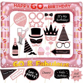 60th Birthday Photo Booth 30 Pieces Photo Booth and 1 Piece Inflatable Photo Frame Gifts for 60th Birthday Woman Photo Props Decoration Birthday Decoration Rose Gold