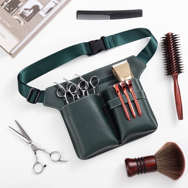 Noverlife Dark Green Scissor Bag with Belt, Professional Salon PU Leather Barber Tool Bag, 6 Pockets, Fashion Design, Practical Bum Bag, Scissors, Belt Bag for Hairdresser/Stylist