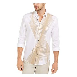 Alfani Mens Shirt Beige Button Down Abstract Print White XL