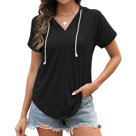 Poetsky Short Sleeve Shirts for Women Casual Summer V Neck Tunic Tops Loose Sport Hoodies, Black, M