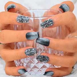 Sethexy Black Rhinestone Medium Coffin Artificial Nail Cat Eye Sparkle Handmade False Nails Crystals Natural Shiny Press on Nail Durable for Women and Girls (H)