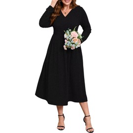 BELAROI Plus Size Maxi Dresses for Curvy Women Long Sleeve Sweater Dress V Neck Fall Winter Outfits Midi Lightweight（V6-Black,5X