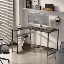 Pamray 43 Inch L Shaped Computer Desk with Reversible Side Storage Shelves, Small Corner Desk for Small Space Home Office,Writing Study Table PC Desk for Bedroom,Espresso Gray
